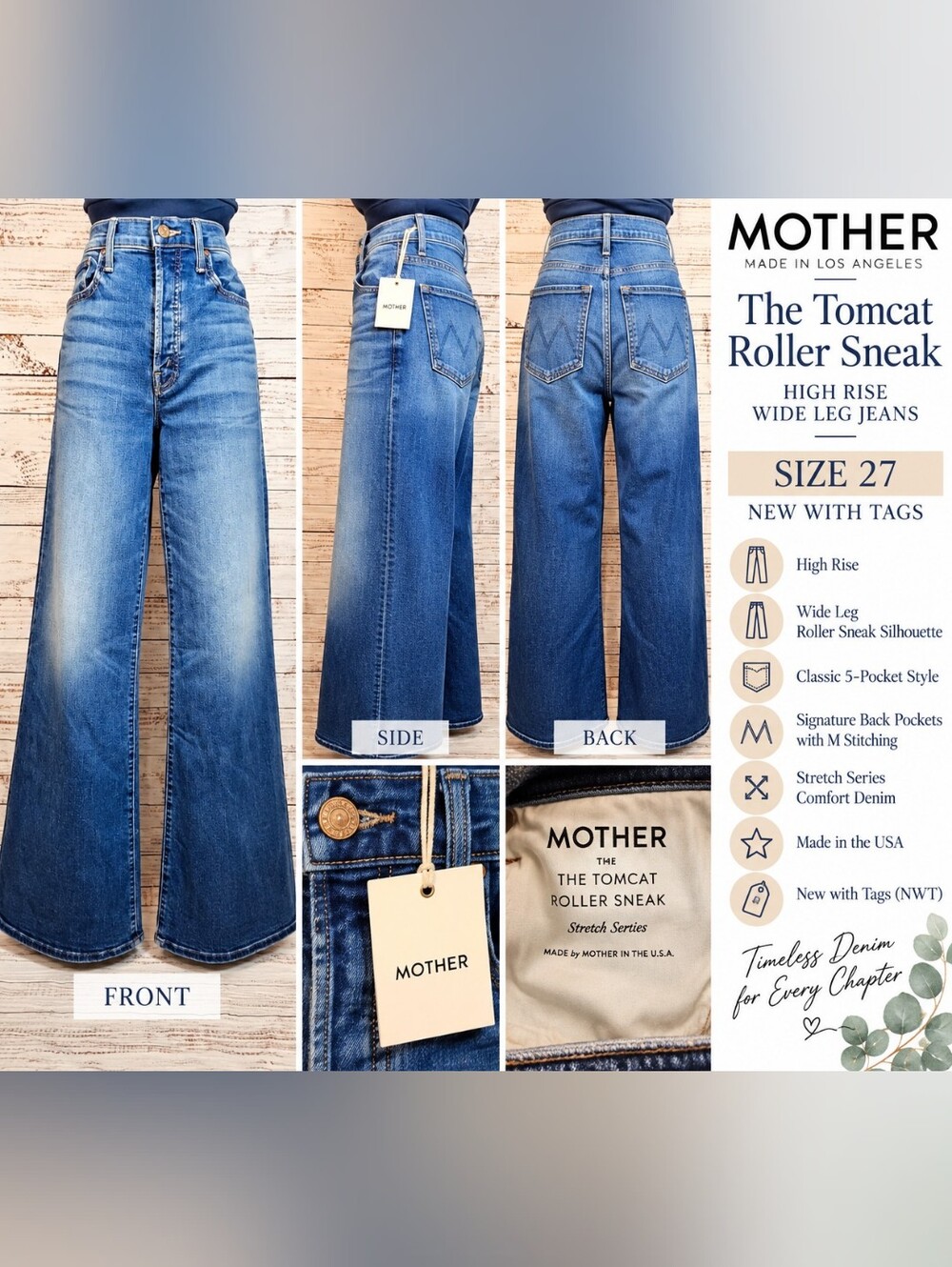 MOTHER The Tomcat Roller Sneak High Rise Wide Leg Jeans 27 NWT